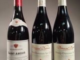 three bottles of wine are lined up on a table