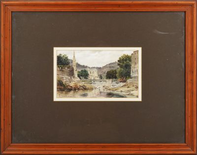 une peinture d'un paysage avec une rivière au premier plan