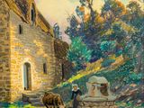 une image représentant un tableau où l'on voit un homme et un cheval devant un bâtiment en pierre