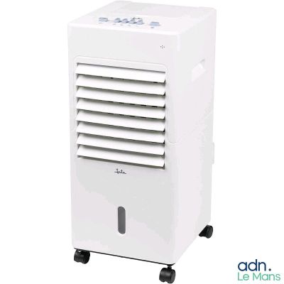 a white air conditioner sitting on top of a white table