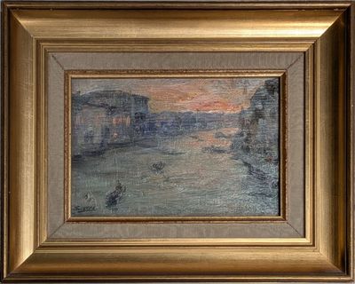 une image représentant un tableau représentant un coucher de soleil sur une rivière