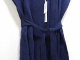 navy blue sweater dress with white tie belt