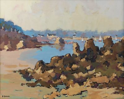 painting of a beach scene with rocks and a body of water