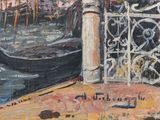 a painting of a gondola on the water