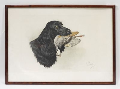tableau représentant un chien noir tenant un oiseau dans sa gueule