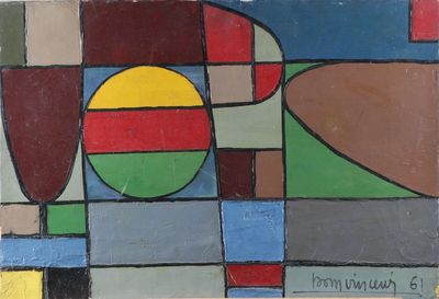 une image représentant un tableau aux motifs géométriques, avec un cercle jaune au centre