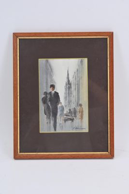 tableau représentant un homme et une femme marchant dans la rue sous la pluie