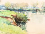 a watercolor painting of a river and trees in the background