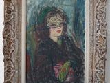 an oil painting of a woman in a green hat and a black coat