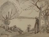 a drawing of a man and a cow in a field
