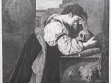 an old black and white drawing of a man sitting at a table with a dog