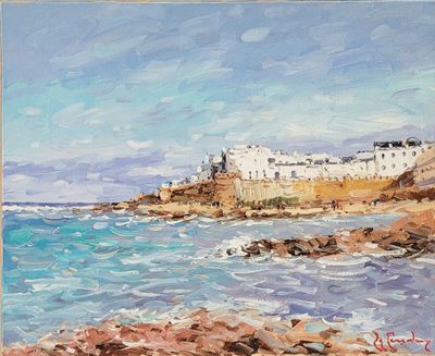 an oil painting of a view of a beach with buildings in the background