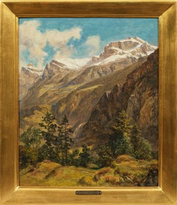 une peinture à l'huile représentant un paysage de montagne, avec des arbres et des montagnes en arrière-plan