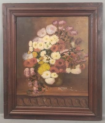 an oil painting of a vase of flowers on a table