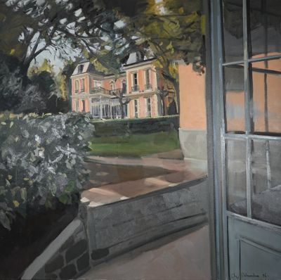 une peinture représentant une grande maison au bord de la route