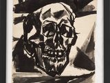black and white drawing of a skull on a table in front of a window