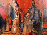 an oil painting of a man and a woman in a red room