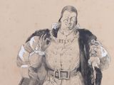 dessin représentant un homme vêtu d'un manteau de fourrure et tenant un chien dans ses bras