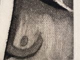 pencil drawing of a woman ' s face with a white towel over her head