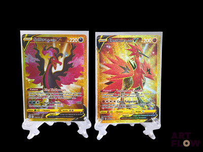 two pokemon cards are shown side by side on a black background