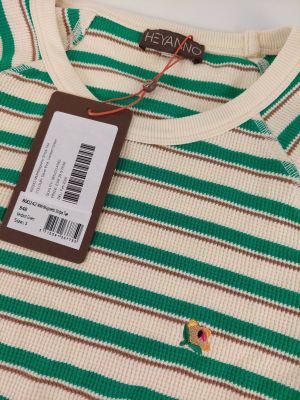 a close up of a striped shirt with a tag on it