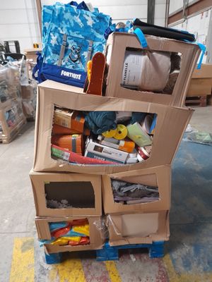 boxes stacked on top of each other on a pallet in a warehouse