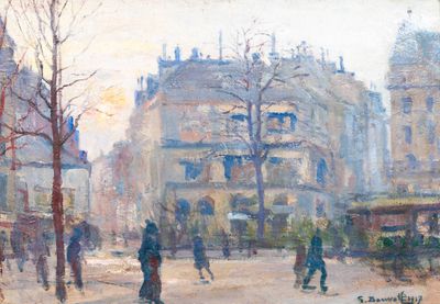tableau représentant une scène de rue avec des passants et une calèche