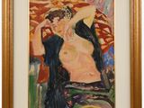 a painting of a woman in a black dress is shown in a gold frame