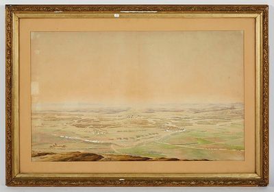 une peinture à l'huile représentant une vue sur l'océan avec un bateau au loin