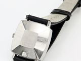 a silver watch with a black band on a white surface