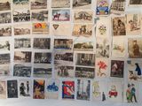 many old postcards hanging on the wall of a room