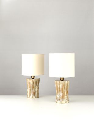 une paire de lampes posées l'une à côté de l'autre sur une table