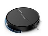 une image représentant un aspirateur robot noir et bleu posé sur une surface blanche