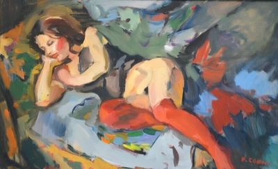 un tableau représentant une femme assise sur un canapé