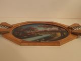 a picture of a wooden tray with a picture of a train on it