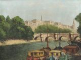 a painting of boats on a river with a bridge in the background