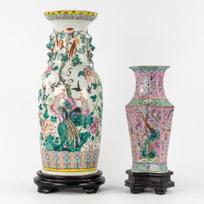 pair of chinese vases on stands with birds and flowers