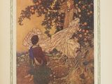 an old picture of a woman sitting under a tree with an umbrella