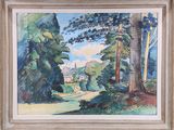 an image of a painting of a country road in a wooded area