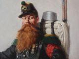 painting of a man with a beard and a hat holding a bag