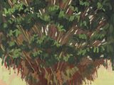une peinture à l'huile représentant un grand arbre dans un champ herbeux