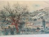 une image représentant un dessin d'un arbre devant un village