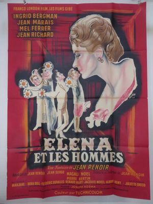 une vieille affiche de cinéma représentant une femme en robe rouge et un homme en costume blanc