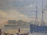 a painting of a man standing on a boat in the water