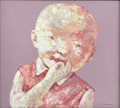 tableau représentant un enfant, la main posée sur le menton, sur fond rose