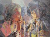 painting of two women sitting at a table with candles in front of them