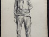 un vieux dessin représentant un homme coiffé d'un chapeau, debout, les mains sur les hanches