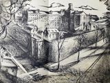 sketches of a drawing of a city with a castle in the background