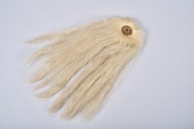 un long cheveu blanc orné d'un bouton en bois