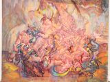 painting of a large group of people in a room with a large painting on the wall